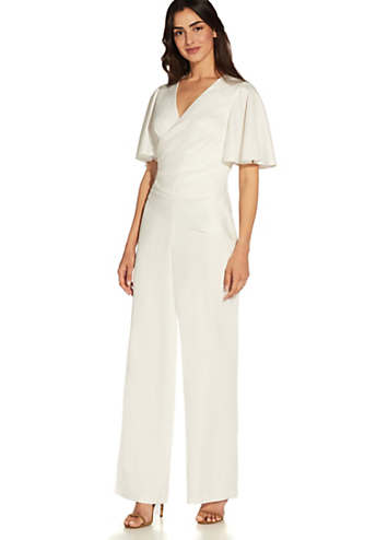 Satin Crepe Faux Wrap with Flutter Sleeves Jumpsuit by Adrianna Papell Look Again