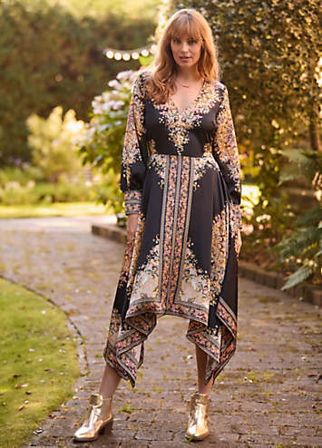 Silky Border Print Handkerchief Hem V-Neck Maxi Dress by Joe Browns ...