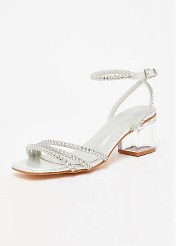 Silver Square Diamante Three Strap Low Clear Heel Sandals by Quiz