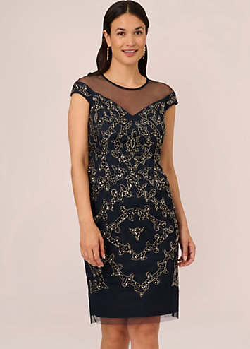 Adrianna papell long sleeve store lace beaded illusion gown