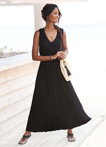 WOOSEA Women's Sleeveless Deep V-Neck Maxi Dress - Loose Fit, Plain Black, Lightweight Casual Summer Dress