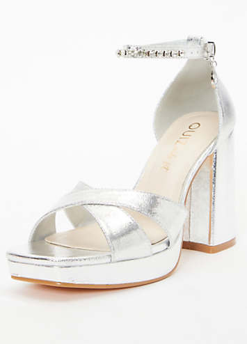 Wide Fit Silver Cross Strap Platform Heeled Sandals by Quiz Look Again