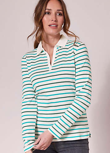 Wrinkle Free Long Sleeve Stripe Polo Top by Cotton Traders Look