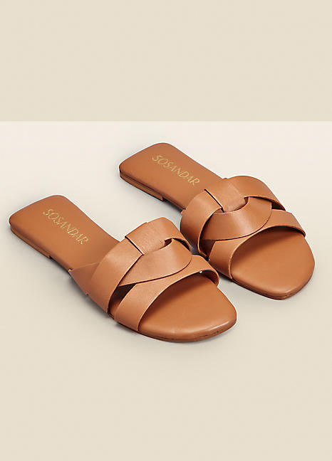 Amore Tan Leather Cross Strap Flat Mule Sandals by Sosandar Look Again