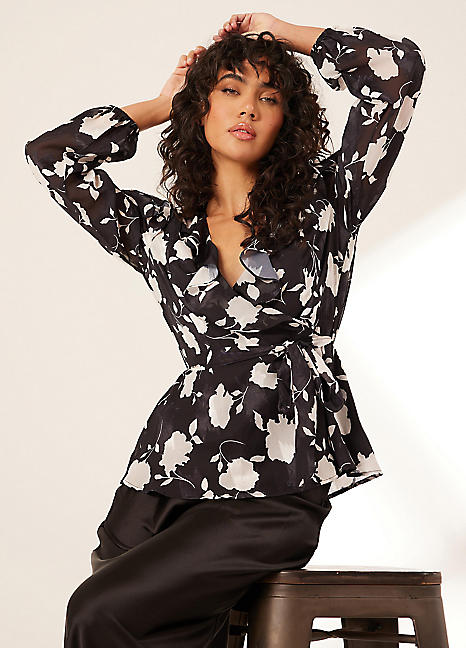 Black White Floral Chiffon Wrap Peplum Top by Quiz Look Again