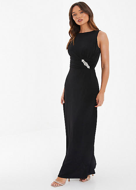 Black Ity Sleeveless Maxi Dress with Applique Waist Detail by Quiz Look Again