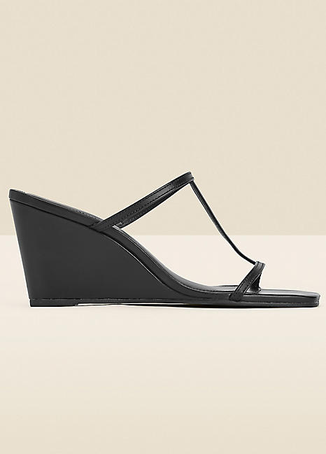 Black Leather Square Toe Strappy Wedge Mules by Sosandar Look Again