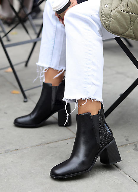 Black Superstar Faux Leather Heeled Ankle Boots with Croc Detail by Linzi Look Again