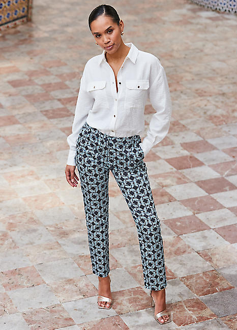 Blue Geometric Print Tapered Leg Trousers by Sosandar Look Again