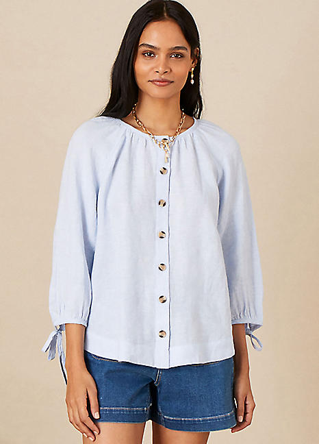 Monsoon Linen Button Through Chambray Blouse - Blue - Size M - Women