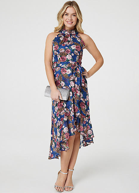 Cobalt Blue Floral Frill Hem Midi Halter Dress by Izabel London