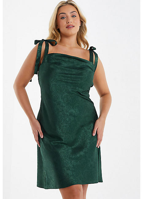 Curve Bottle Green Jacquard Satin Straight Hem Faux Tie Strap Midi