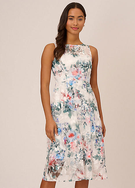 Floral Printed Veiled Dress by Adrianna Papell Look Again