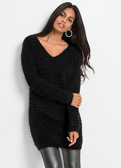 Fluffy V Neck Long Jumper by bonprix