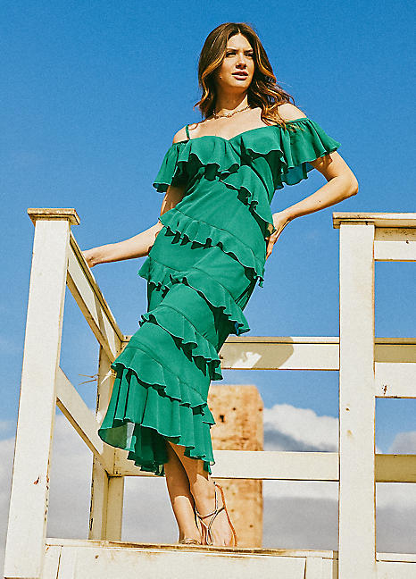 Green Frill Cold Shoulder Midi Dress by Little Mistress