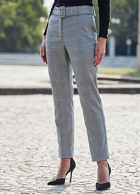Grey Checked Print Belted Tapered Trousers by Sosandar Look Again