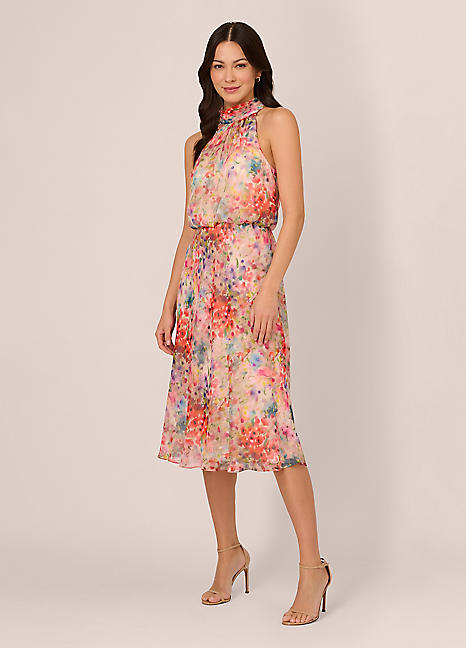 Halter Tie Blouson Midi Dress by Adrianna Papell Look Again