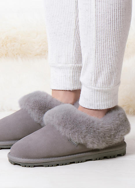 Isotoner Ladies Real Suede Grey Bootie Slippers With Fur Cuff