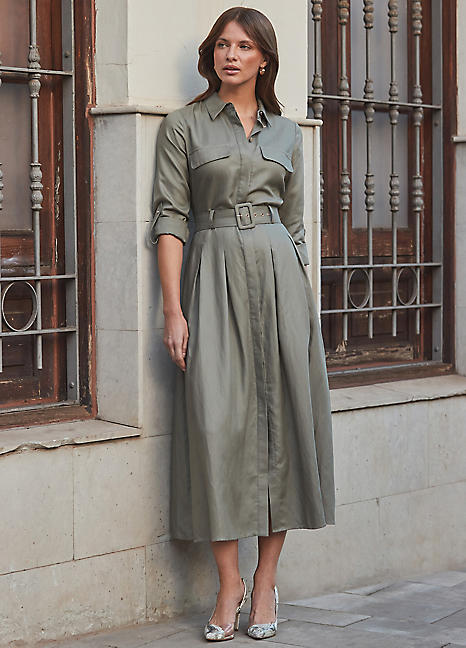 Khaki Green Utility Midi Shirt Dress by Sosandar Look Again