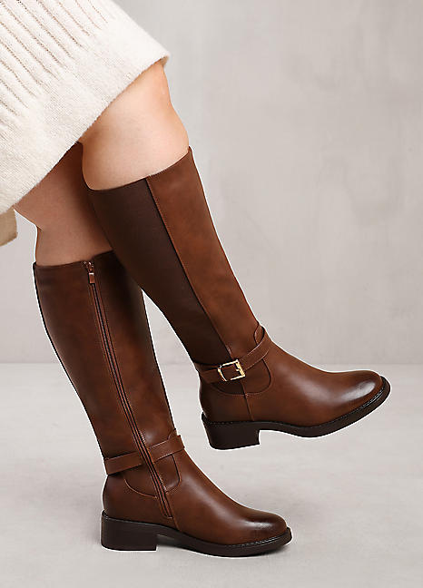 Micah Stretch Wide Calf Knee High Boots with Buckle Detail in Wide