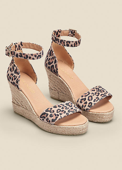 Mila Leopard Print Suede Ankle Strap High Wedge Espadrille Sandals by Sosandar