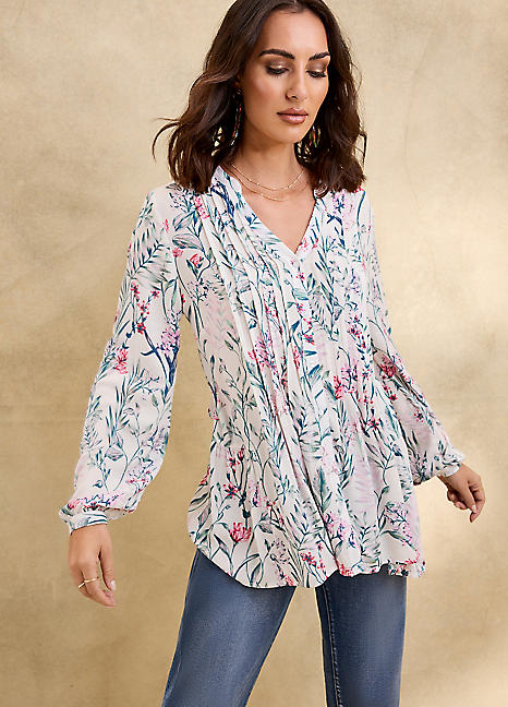 Sosandar Blue Scarf Print Jersey Twist Front Shirt