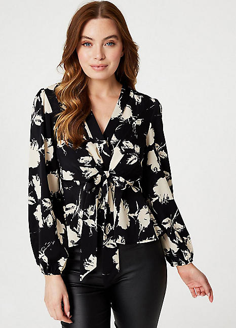 Multi Black Printed Tie Front Cropped Blouse by Izabel London