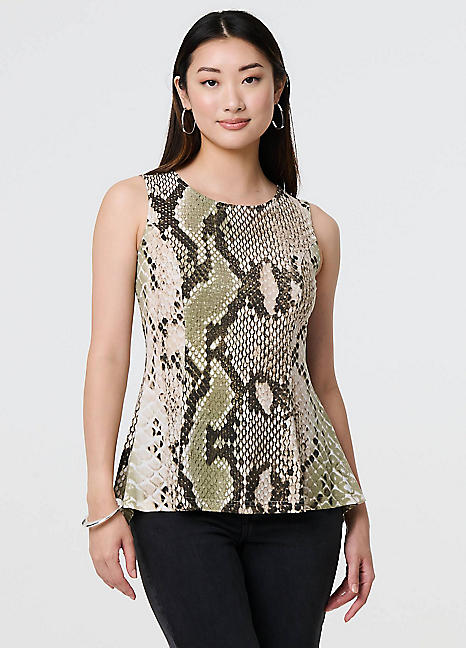 Multi Green Snake Print Sleeveless Curve Hem Top by Izabel London