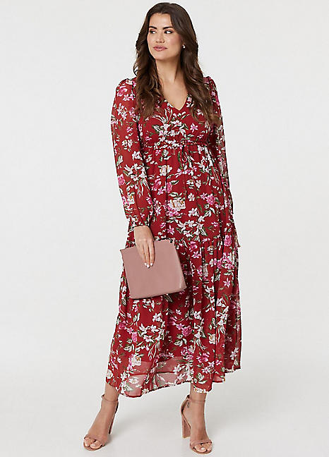 Multi Red Floral Long Sleeve Tiered Maxi Dress by Izabel London Look Again