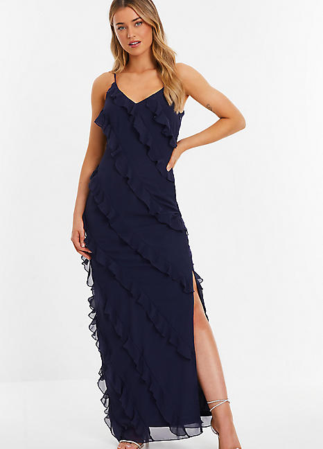 Navy Chiffon Ruffle Maxi Dress by Quiz Look Again