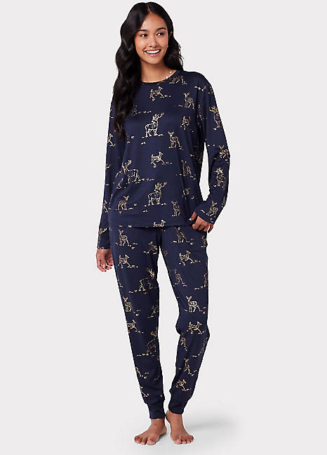 Navy Reindeer Foil Printed Pyjama Set by Chelsea Peers NYC Look Again