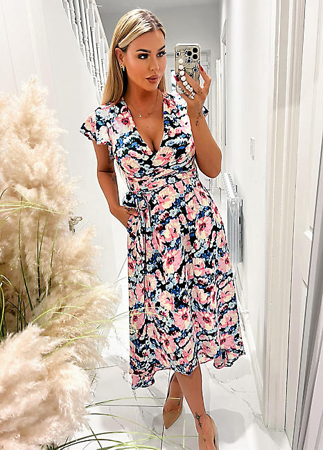 Pink Floral Print Short Sleeve Belted Wrap Midi Dress by AX Paris Look Again