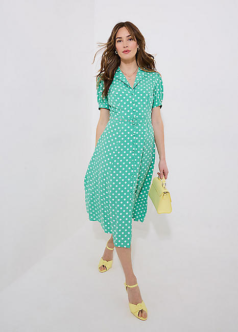 Polka Dot Button Through Collared Midi Dress by Joe Browns