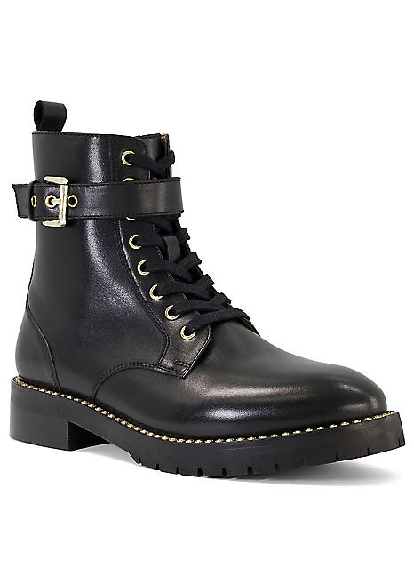 Pollen Pearl Trim Black Leather Lace Up Boots by Dune London