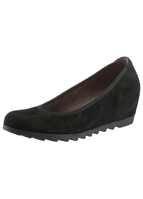 black leather wedge court shoes