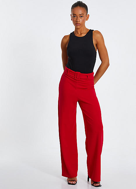 Red Scuba Crepe Palazzo Trousers with Black Buckle by Quiz