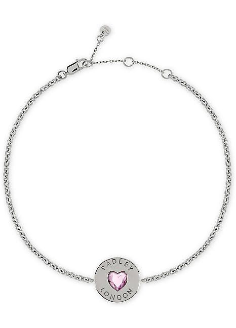 Silver Bracelet with Engraved Disc & Pink Heart Stone in a Gift Box