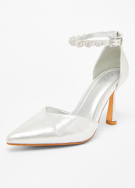 Court Heels Quiz Silver Glitter Block Heel Sandals Silver Diamante