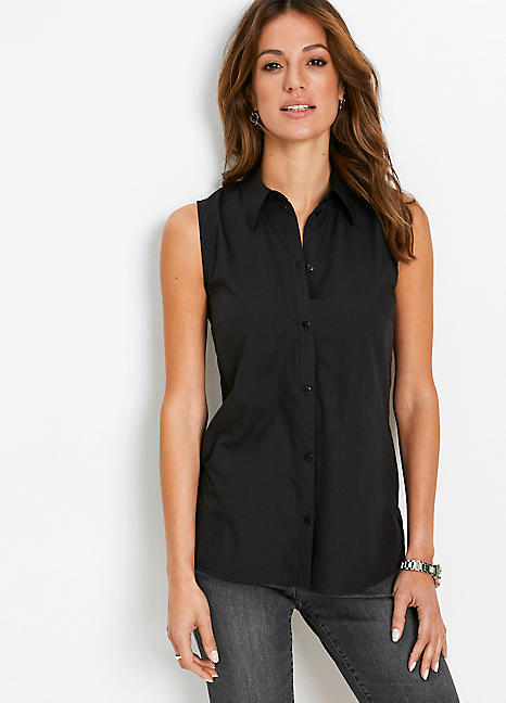 sleeveless black button up