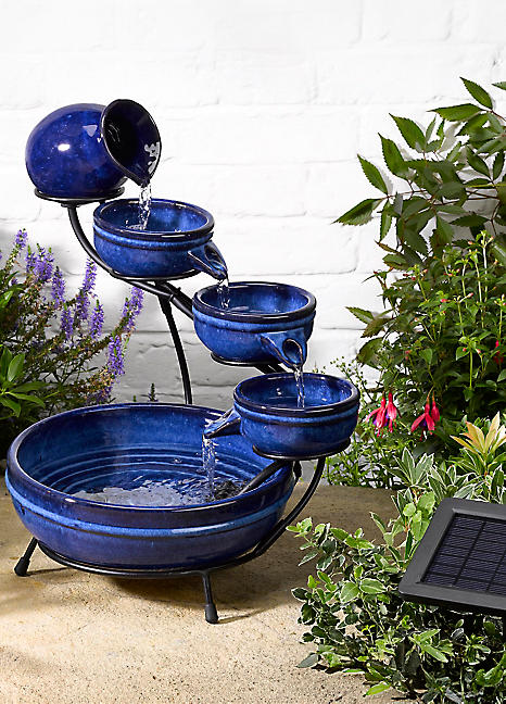 Solar Powered Ceramic Cascade Water Feature - Blue | Look Again