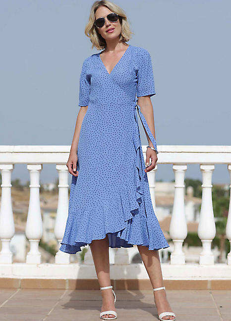 Spot Midi Wrap Dress in Pacific by Pomodoro Look Again