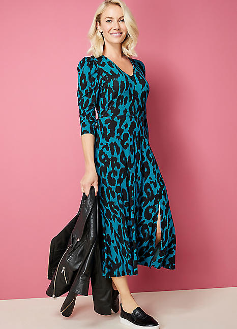 teal animal print dress