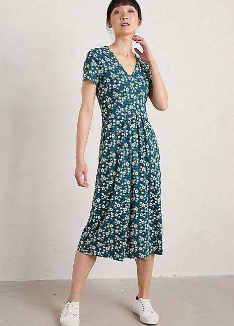 Teal Flower Bud Short Sleeve V-Neck Midi Dress by Seasalt