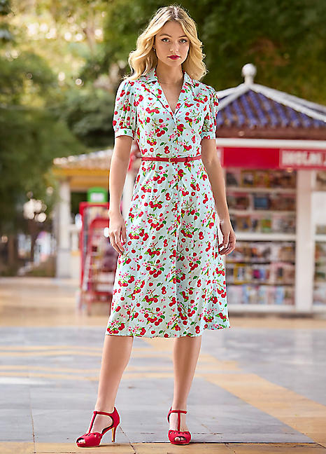 Vintage Cherry Print Collared Belted Midi Dress by Joe Browns
