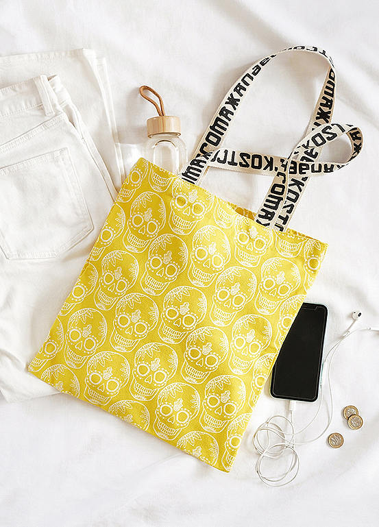 100% Cotton Canvas Sunshine Yellow Skull Print Tote Bag by Xander Kostroma