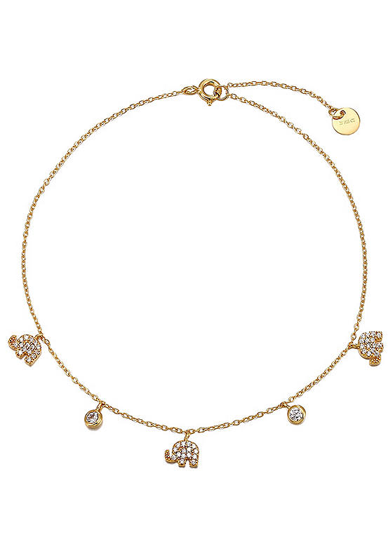18ct Gold Plated Sterling Silver Cubic Zirconia Elephant Charm Adjustable Anklet by For You Collection