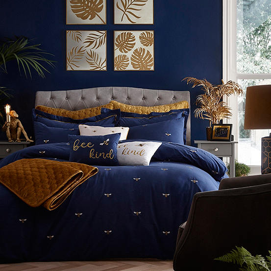 Bee Kind Embroidered Navy Duvet Cover, Navy Blue And Gold Bed Sheets