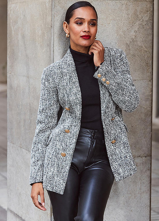 Black & White Boucle Blazer with Gold Buttons by Sosandar | Look Again