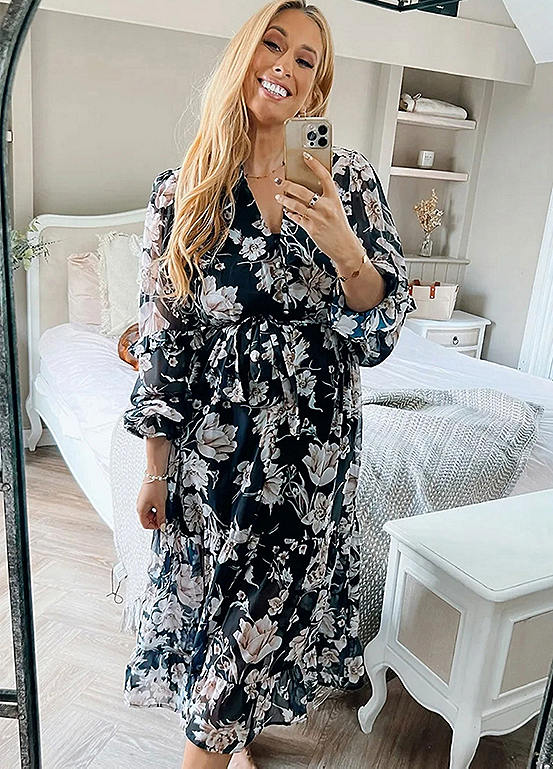 jac jossa pink floral midi dress with frill detail