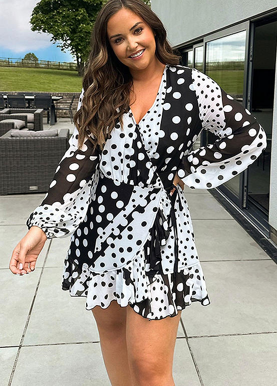 Black Polka Dot Contrast Frill Wrap Mini Dress by In The Style x Jac Jossa | Look Again
